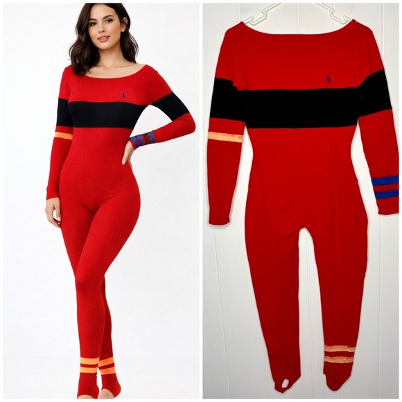 Ralph Lauren Pants - VINTAGE Ralph Lauren POLO Red Black Leotard Ski Outfit Stirrups One Piece 90’s